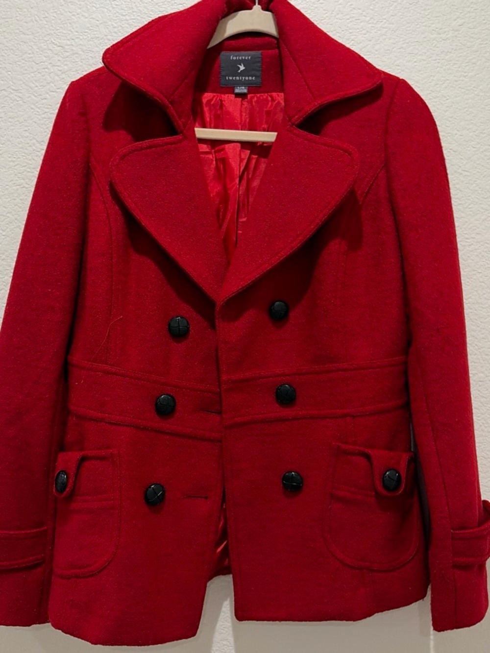 Forever 21 Red Double-Breasted Peacoat with Black Buttons